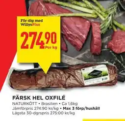 Willys FÄRSK HEL OXFILÉ, Medlemspris erbjuda