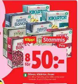 ICA Kvantum Bönor, kikärtor, linser, Medlemspris erbjuda