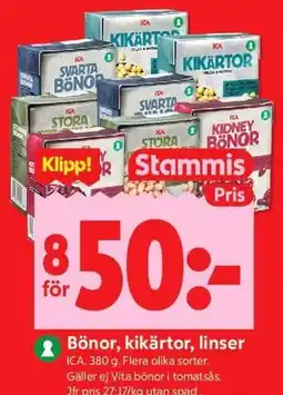 ICA Kvantum Bönor, kikärtor, linser, Medlemspris erbjuda