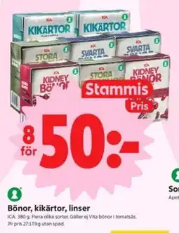 ICA Nära Bönor, kikärtor, linser, Medlemspris erbjuda