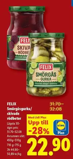 Lidl Felix smörgåsgurka/skivade rödbetor erbjuda