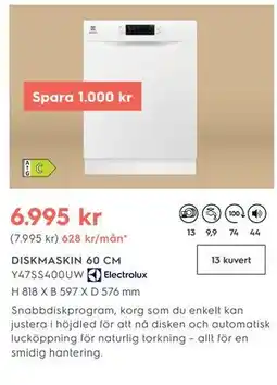 Electrolux Home DISKMASKIN 60 CM Y47SS400UW Electrolux erbjuda