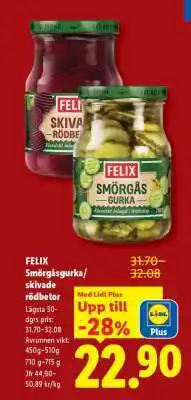 Lidl FELIX Smörgåsgurka/skivade rödbetor erbjuda