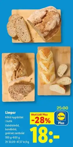 Lidl Limpor Valnötsbröd, bondbröd, grekiskt lantbröd erbjuda