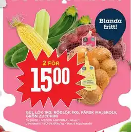 Willys GUL LÖK 1KG, RÖDLÖK 1KG, FÄRSK MAJSKOLV, GRÖN ZUCCHINI erbjuda