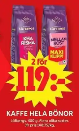 ICA Maxi Löfbergs kaffe hela bönor erbjuda