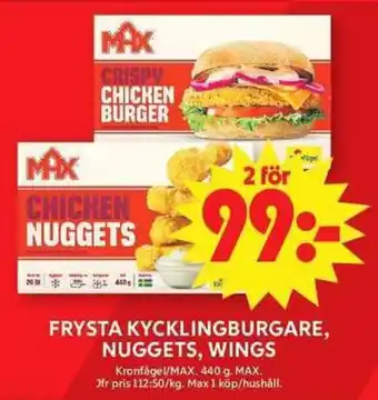 Max crispy chicken burger, chicken nuggets