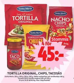 ICA Maxi Santa Maria tortilla original, chips, tacosås erbjuda