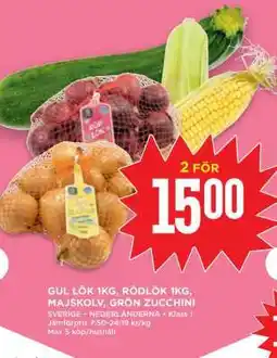 Willys Gul lök 1kg, Rödlök 1kg, Majskolv, Grön Zucchini erbjuda