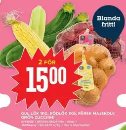 Willys Gul lök 1kg, Rödlök 1kg, Färsk majskolv, Grön zucchini erbjuda