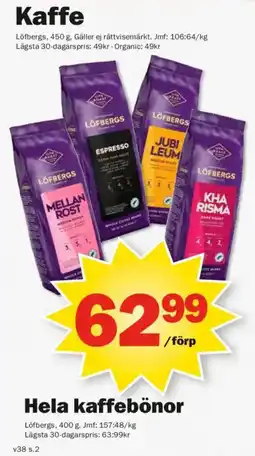 Pekås Löfbergs kaffebönor erbjuda