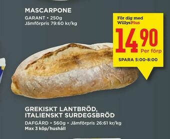 Willys Grekiskt lantbröd, italienskt surdegsbröd erbjuda
