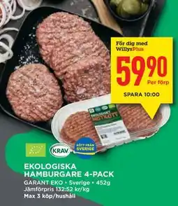 Willys EKOLOGISKA HAMBURGARE 4-PACK, Medlemspris erbjuda