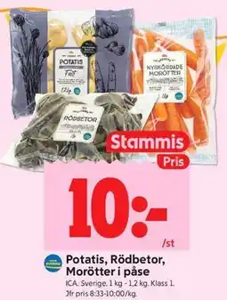 ICA Kvantum Potatis, Rödbetor, Morötter i påse, Medlemspris erbjuda