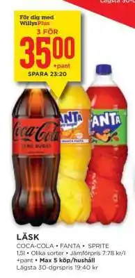 Willys Läsk Coca-Cola, Fanta, Sprite erbjuda