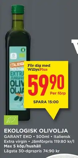 Willys EKOLOGISK OLIVOLJA, Medlemspris erbjuda