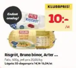 Hemköp Felix risgröt, bruna bönor, arter erbjuda