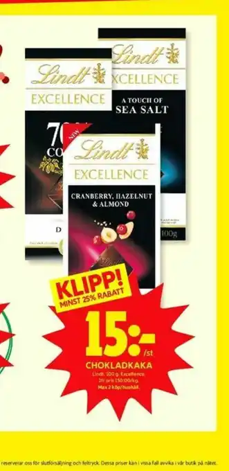 ICA Kvantum Lindt Excellence Chokladkaka erbjuda