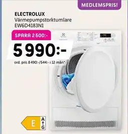 Elon ELECTROLUX Värmepumpstorktumlare EW6D4183N1, Medlemspris erbjuda