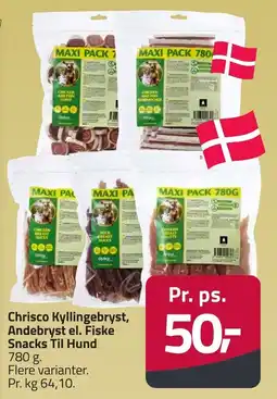 Fleggaard Chrisco Kyllingebryst, Andebryst el. Fiske Snacks Til Hund erbjuda