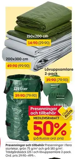 Rusta Presenningar och tillbehör, Medlemspris erbjuda