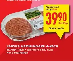 Willys FÄRSKA HAMBURGARE 4-PACK, Medlemspris erbjuda