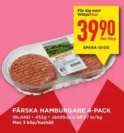 Willys Hemma FÄRSKA HAMBURGARE 4-PACK, Medlemspris erbjuda