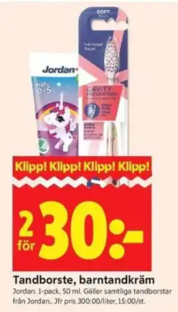 ICA Kvantum Jordan tandborste, barntandkräm erbjuda