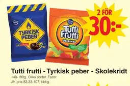 Matöppet Fazer tutti frutti - tyrkisk peber - skolekridt erbjuda
