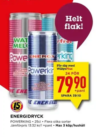 Willys Powerking Energidryck 25cl erbjuda