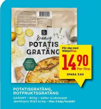 Willys Garant Potatisgratäng, Rotfruktsgratäng 800g erbjuda