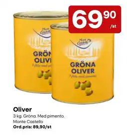 Snabbgross Monte Castello gröna oliver med pimento erbjuda