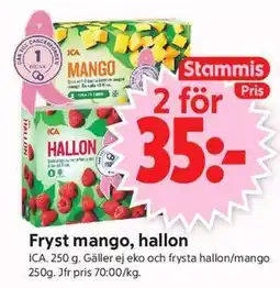 ICA Supermarket Fryst mango, hallon, Medlemspris erbjuda