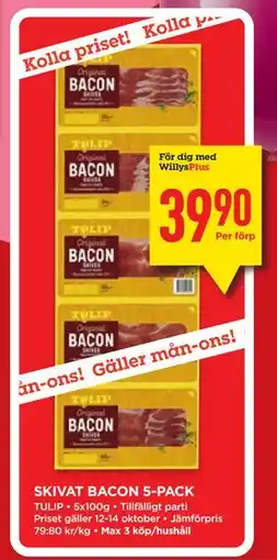 Willys SKIVAT BACON 5-PACK, Medlemspris erbjuda