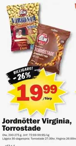 Pekås Olw jordnötter virginia, torrostade erbjuda