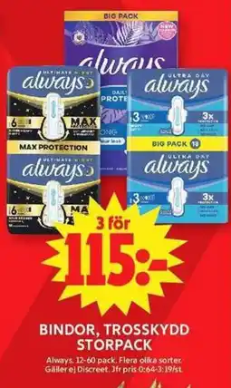 ICA Maxi Always bindor, trosskydd erbjuda