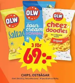 ICA Maxi Olw chips, ostbågar erbjuda