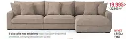 Mio Tyko 3-sits soffa med schäslong Rossi i tyg Zoom beige med armstöd A och wengébetsade ben erbjuda