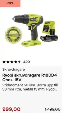 Clas Ohlson Ryobi skruvdragare R18DD4 One+ 18V erbjuda