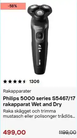 Clas Ohlson Philips 5000 series S5467/17 rakapparat Wet and Dry erbjuda