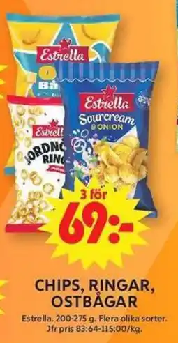 ICA Maxi Estrella chips, ringar, ostbågar erbjuda