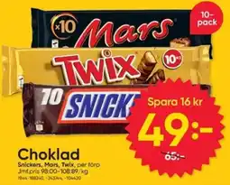 DollarStore Choklad Snickers, Mars, Twix erbjuda
