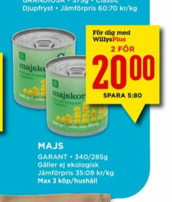 Willys Garant majs erbjuda