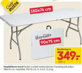 Hopfällbart bord 180x74 cm, Hopfällt 90x75 cm