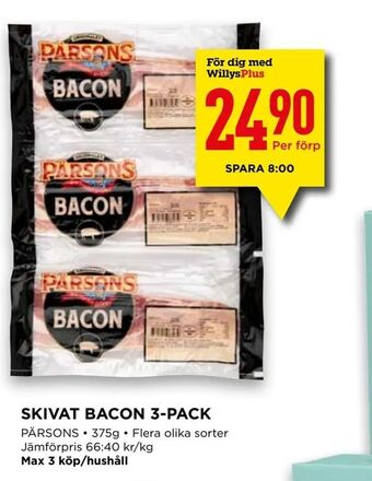Willys Skivat bacon 3-pack erbjuda