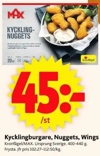 ICA Supermarket Kronfågel/MAX Kycklingburgare, Nuggets, Wings 400-440g erbjuda