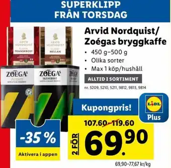 Lidl Arvid Nordquist/Zoégas bryggkaffe 450g-500g erbjuda