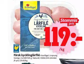ICA Supermarket Kronfågel Färsk Kycklinglårfilé 600-925 g erbjuda