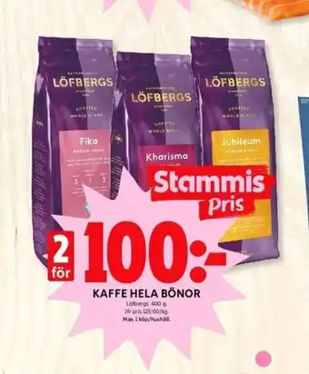 ICA Kvantum Löfbergs Kaffe hela bönor 400 g erbjuda