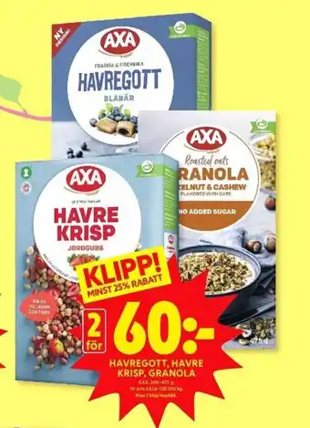 ICA Kvantum Axa Havregott, Havre krisp, Granola 300-475 g erbjuda